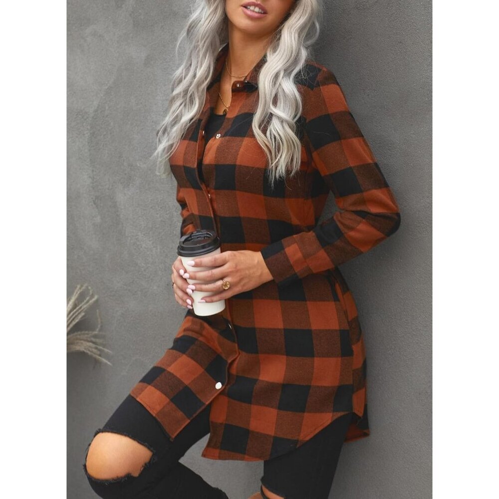Versatile Color Block Plaid Shacket Jacket For Wo… - image 3